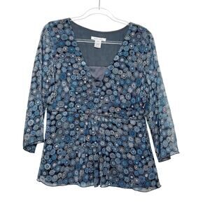 NINE WEST Floral Blouse 3/4 Sleeve V-Neck 100% Silk Chiffon Blue Black Size 10